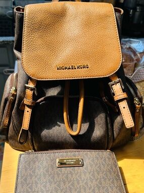 Michael Kors Two-Tone Brown & Tan Leather Backpack with matching wallet